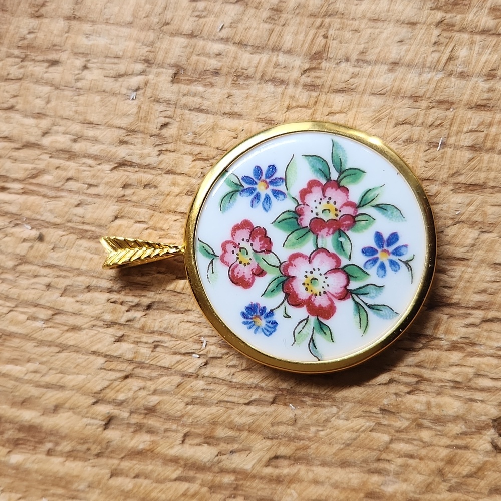 Vintage Gold Floral Porcelain Pendant Necklace - Pink, Blue, Green